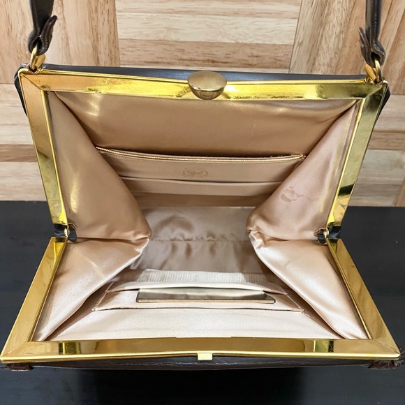 Vintage Sydney of California Brown Croc Leather Trim Top Handle Clutch Handbag - Picture 15 of 16